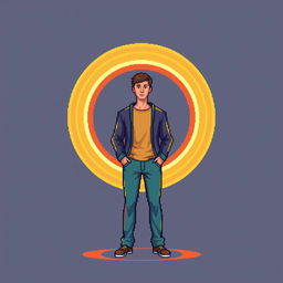 A pixel art illustration of a man surrounded by a circular aura, depicted in a colorful and engaging style