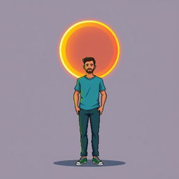 A pixel art illustration of a man surrounded by a circular aura, depicted in a colorful and engaging style