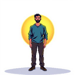 A pixel art illustration of a man surrounded by a circular aura, depicted in a colorful and engaging style