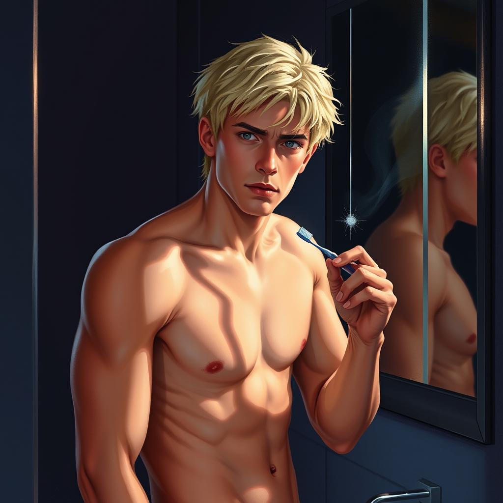 A shirtless American male teenager with blond hair standing in front of a mirror in a dark bathroom, holding a toothbrush in his hand