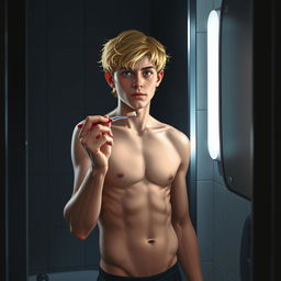 A shirtless American male teenager with blond hair standing in front of a mirror in a dark bathroom, holding a toothbrush in his hand