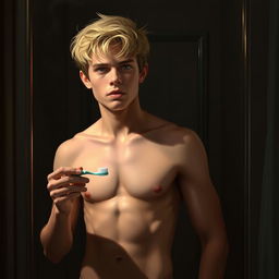 A shirtless American male teenager with blond hair standing in front of a mirror in a dark bathroom, holding a toothbrush in his hand