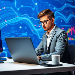 A focused data scientist or programmer working diligently on a sleek laptop, set against a vibrant blue technology background that embodies innovation and digital advancement