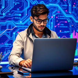 A focused data scientist or programmer working diligently on a sleek laptop, set against a vibrant blue technology background that embodies innovation and digital advancement