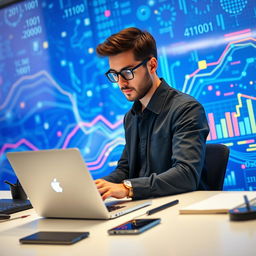 A focused data scientist or programmer working diligently on a sleek laptop, set against a vibrant blue technology background that embodies innovation and digital advancement