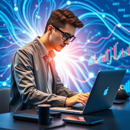 A focused data scientist or programmer working diligently on a sleek laptop, set against a vibrant blue technology background that embodies innovation and digital advancement