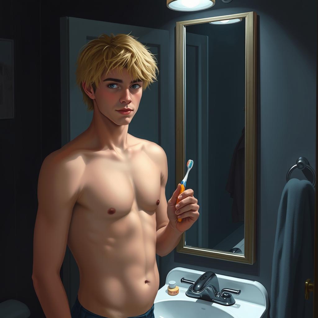 A realistic digital illustration of a shirtless American male teenager with blond hair standing in front of a mirror in a dark bathroom