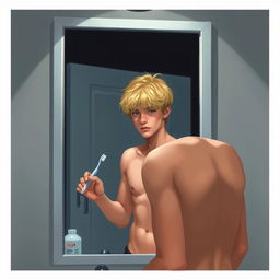 A realistic digital illustration of a shirtless American male teenager with blond hair standing in front of a mirror in a dark bathroom