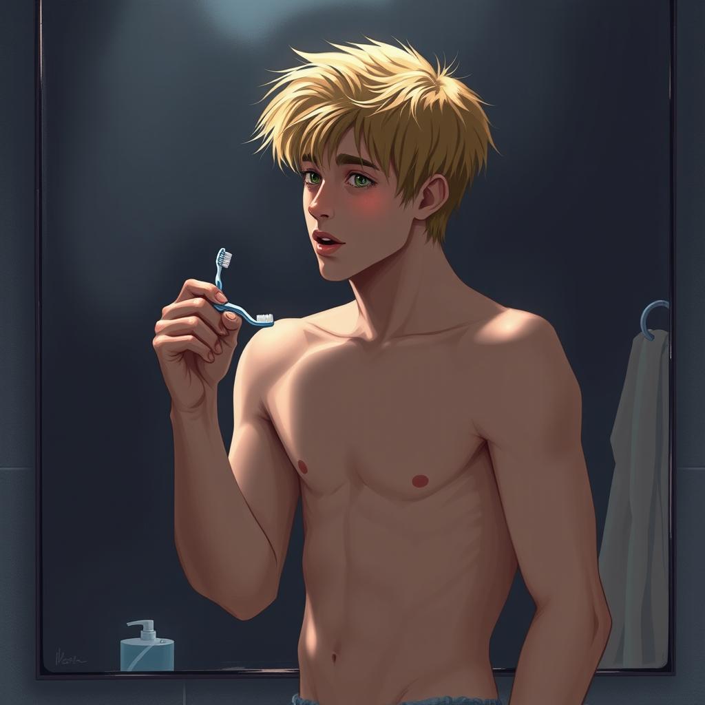 A realistic digital illustration of a shirtless American male teenager with blond hair standing in front of a mirror in a dark bathroom