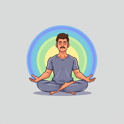 A pixel art illustration of a man meditating, surrounded by a radiant circular aura