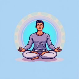 A pixel art illustration of a man meditating, surrounded by a radiant circular aura