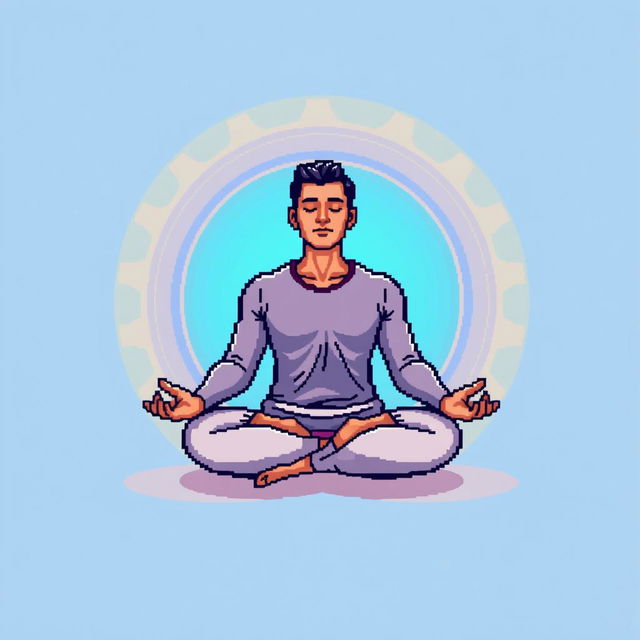 A pixel art illustration of a man meditating, surrounded by a radiant circular aura