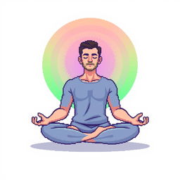 A pixel art illustration of a man meditating, surrounded by a radiant circular aura