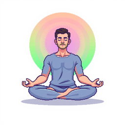 A pixel art illustration of a man meditating, surrounded by a radiant circular aura