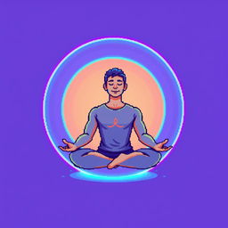 A pixel art illustration of a man meditating, surrounded by a radiant circular aura