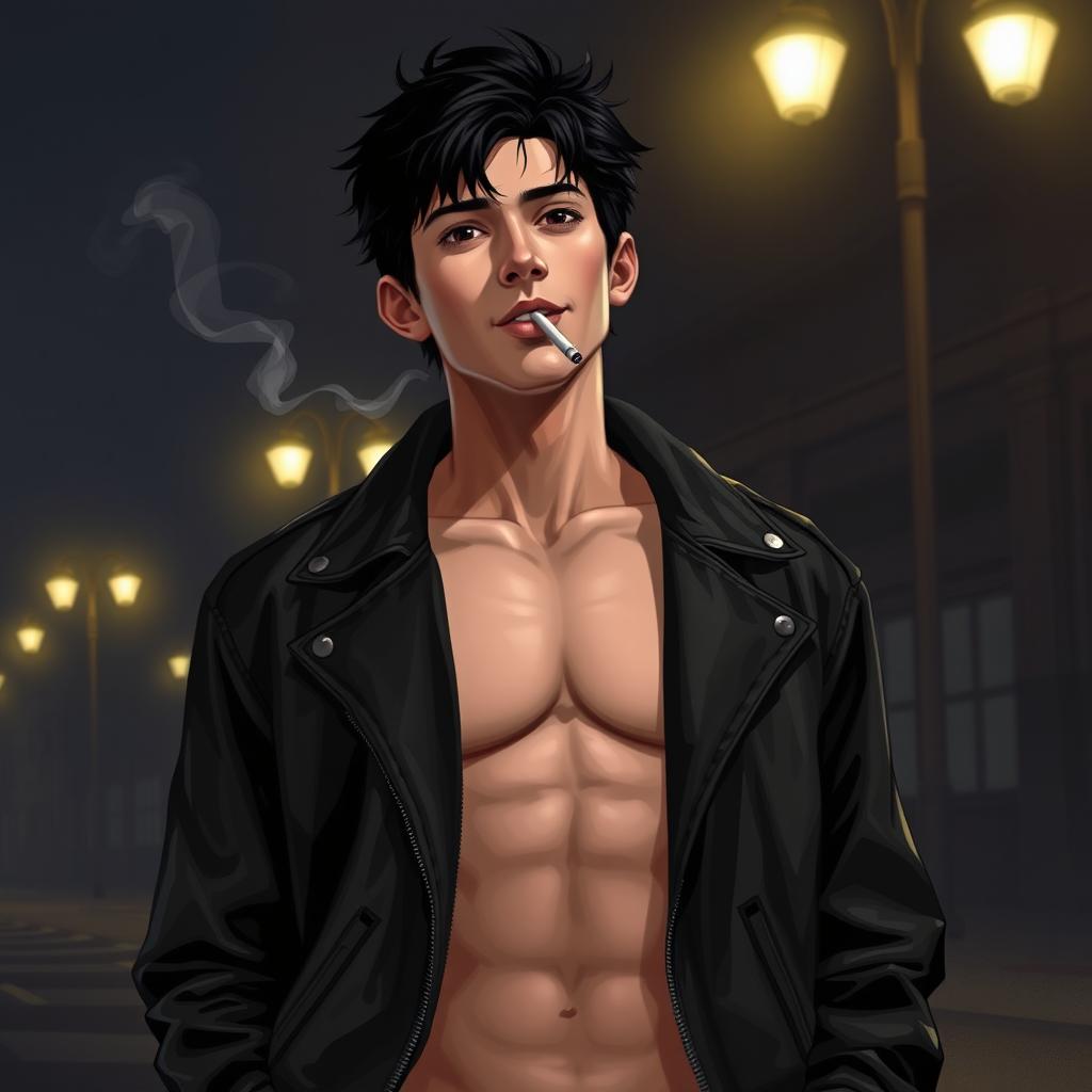 A realistic digital illustration of a shirtless American male teenager with black hair wearing a leather jacket, smoking a cigarette on a dark street