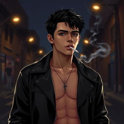 A realistic digital illustration of a shirtless American male teenager with black hair wearing a leather jacket, smoking a cigarette on a dark street