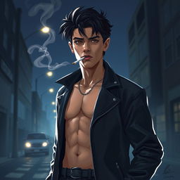 A realistic digital illustration of a shirtless American male teenager with black hair wearing a leather jacket, smoking a cigarette on a dark street