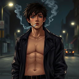 A realistic digital illustration of a shirtless American male teenager with black hair wearing a leather jacket, smoking a cigarette on a dark street