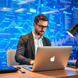 An engaged data scientist or programmer focused on their work at a sleek laptop, illuminated by a striking blue technology background featuring abstract digital patterns, flowing lines of code, and colorful data analytics visuals