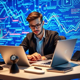 An engaged data scientist or programmer focused on their work at a sleek laptop, illuminated by a striking blue technology background featuring abstract digital patterns, flowing lines of code, and colorful data analytics visuals