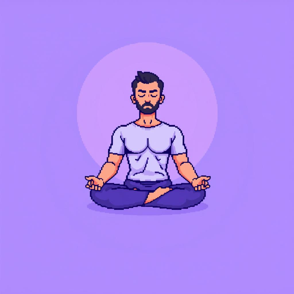 A pixel art illustration of a man meditating in a classic lotus position, surrounded by a glowing circular aura in a violet color palette