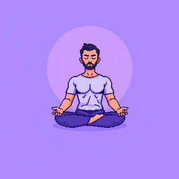 A pixel art illustration of a man meditating in a classic lotus position, surrounded by a glowing circular aura in a violet color palette