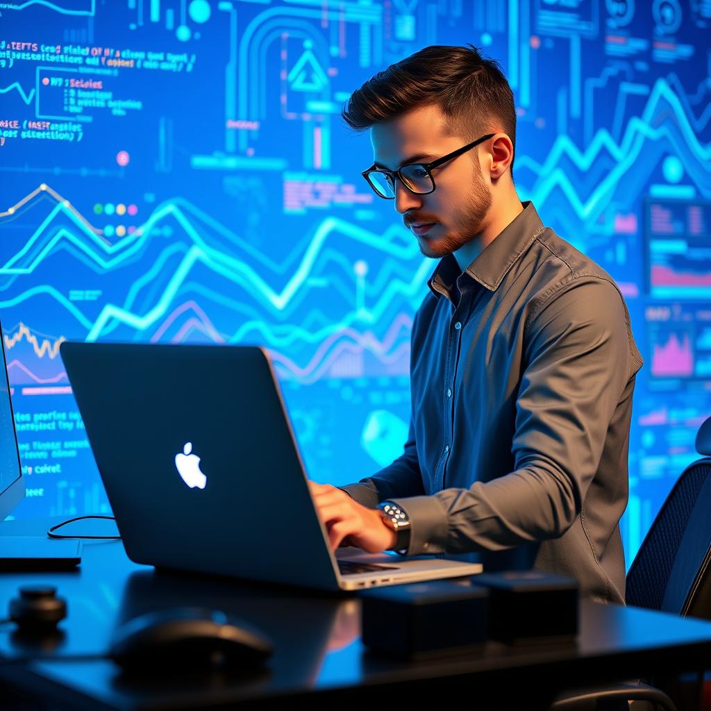 An engaged data scientist or programmer focused on their work at a sleek laptop, illuminated by a striking blue technology background featuring abstract digital patterns, flowing lines of code, and colorful data analytics visuals