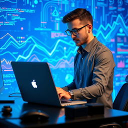 An engaged data scientist or programmer focused on their work at a sleek laptop, illuminated by a striking blue technology background featuring abstract digital patterns, flowing lines of code, and colorful data analytics visuals