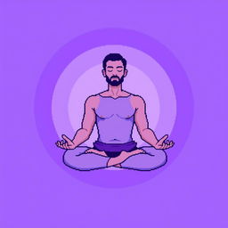 A pixel art illustration of a man meditating in a classic lotus position, surrounded by a glowing circular aura in a violet color palette