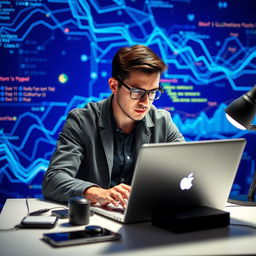 An engaged data scientist or programmer focused on their work at a sleek laptop, illuminated by a striking blue technology background featuring abstract digital patterns, flowing lines of code, and colorful data analytics visuals