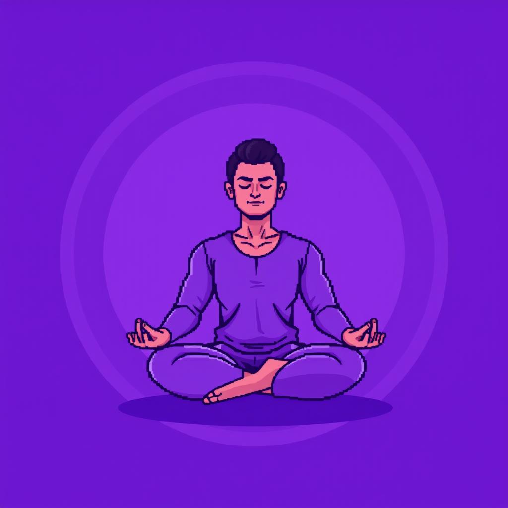 A pixel art illustration of a man meditating in a classic lotus position, surrounded by a glowing circular aura in a violet color palette