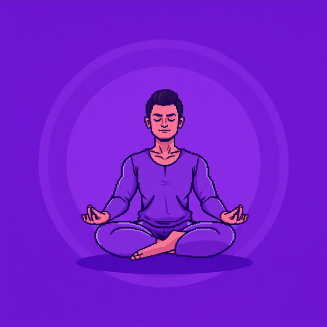 A pixel art illustration of a man meditating in a classic lotus position, surrounded by a glowing circular aura in a violet color palette