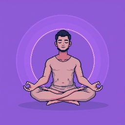 A pixel art illustration of a man meditating in a classic lotus position, surrounded by a glowing circular aura in a violet color palette