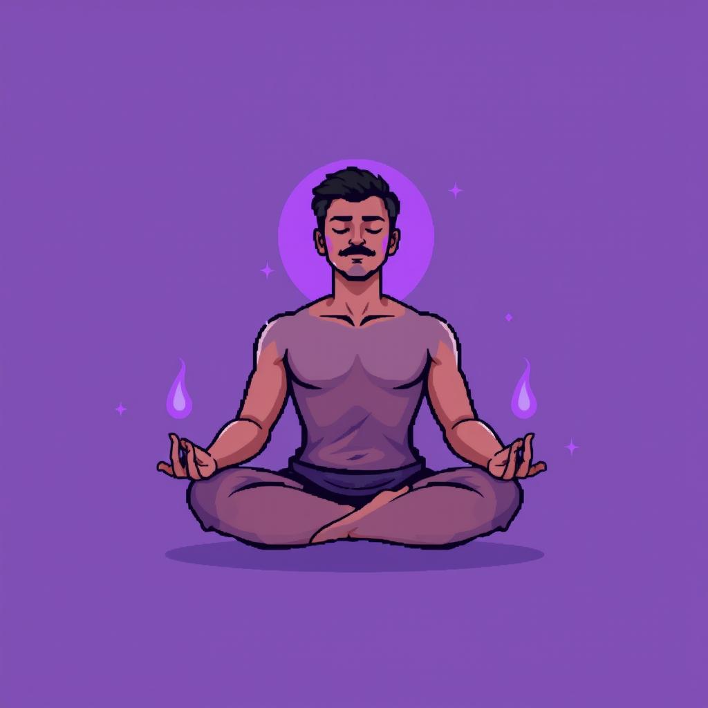 A pixel art illustration of a man meditating in a classic lotus position, with a soft glowing aura surrounding his body