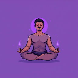 A pixel art illustration of a man meditating in a classic lotus position, with a soft glowing aura surrounding his body