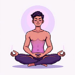 A pixel art illustration of a man meditating in a classic lotus position, with a soft glowing aura surrounding his body