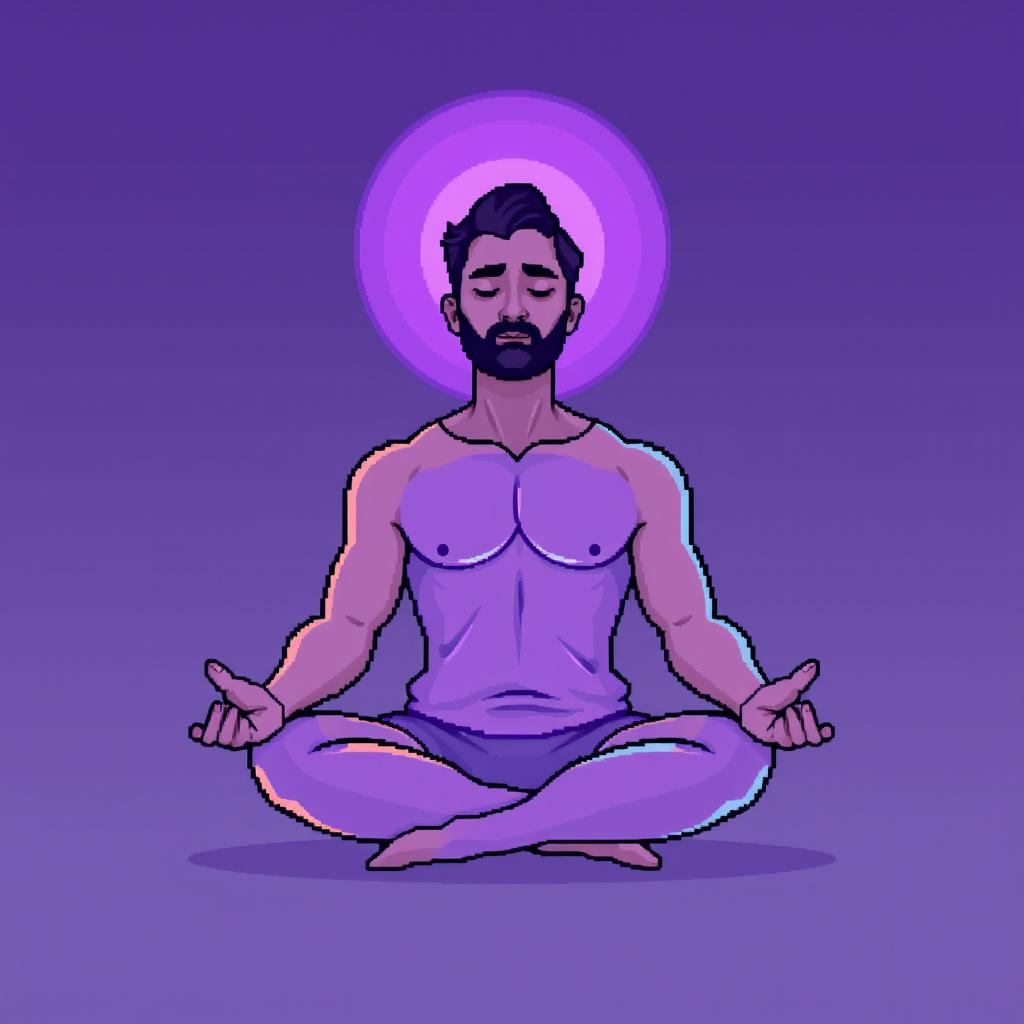 A pixel art illustration of a man meditating in a classic lotus position, with a soft glowing aura surrounding his body