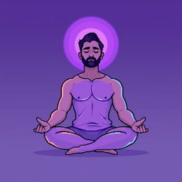 A pixel art illustration of a man meditating in a classic lotus position, with a soft glowing aura surrounding his body