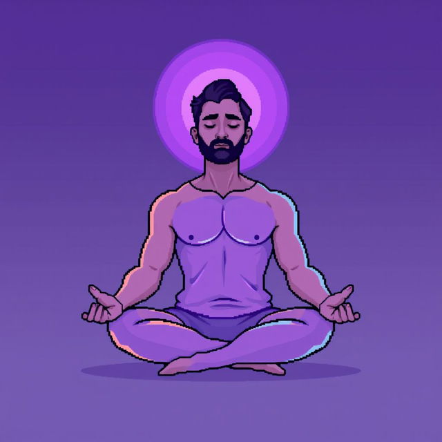 A pixel art illustration of a man meditating in a classic lotus position, with a soft glowing aura surrounding his body