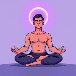 A pixel art illustration of a man meditating in a classic lotus position, with a soft glowing aura surrounding his body