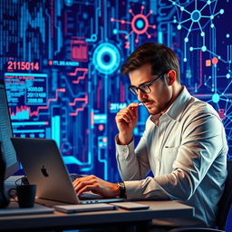 A data scientist or programmer intensely focused on their laptop, surrounded by a striking blue technology background rich with abstract digital graphics, including binary code streams, vibrant charts, and intricate network patterns