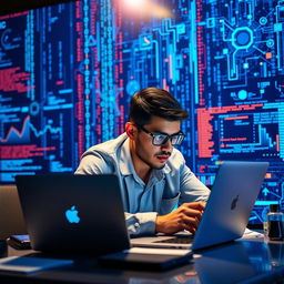 A data scientist or programmer intensely focused on their laptop, surrounded by a striking blue technology background rich with abstract digital graphics, including binary code streams, vibrant charts, and intricate network patterns