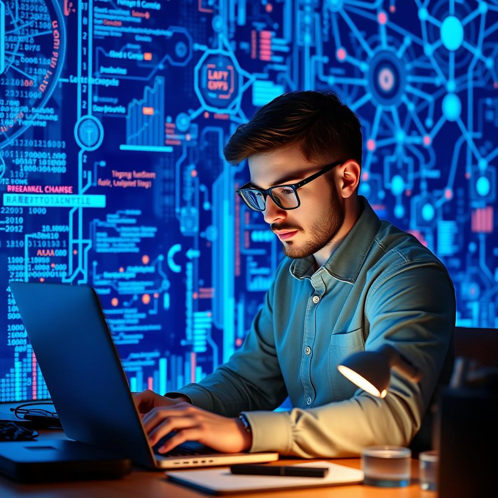 A data scientist or programmer intensely focused on their laptop, surrounded by a striking blue technology background rich with abstract digital graphics, including binary code streams, vibrant charts, and intricate network patterns