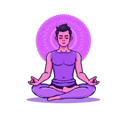 A pixel art illustration of a man meditating, positioned in a classic lotus pose with an enchanting aura surrounding his body