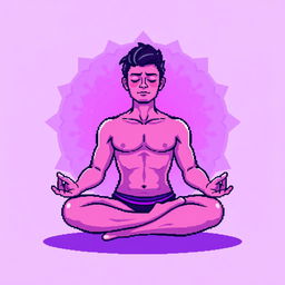A pixel art illustration of a man meditating, positioned in a classic lotus pose with an enchanting aura surrounding his body
