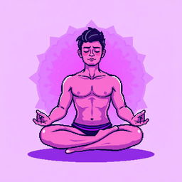 A pixel art illustration of a man meditating, positioned in a classic lotus pose with an enchanting aura surrounding his body