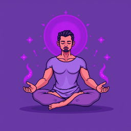 A pixel art illustration of a man meditating, positioned in a classic lotus pose with an enchanting aura surrounding his body