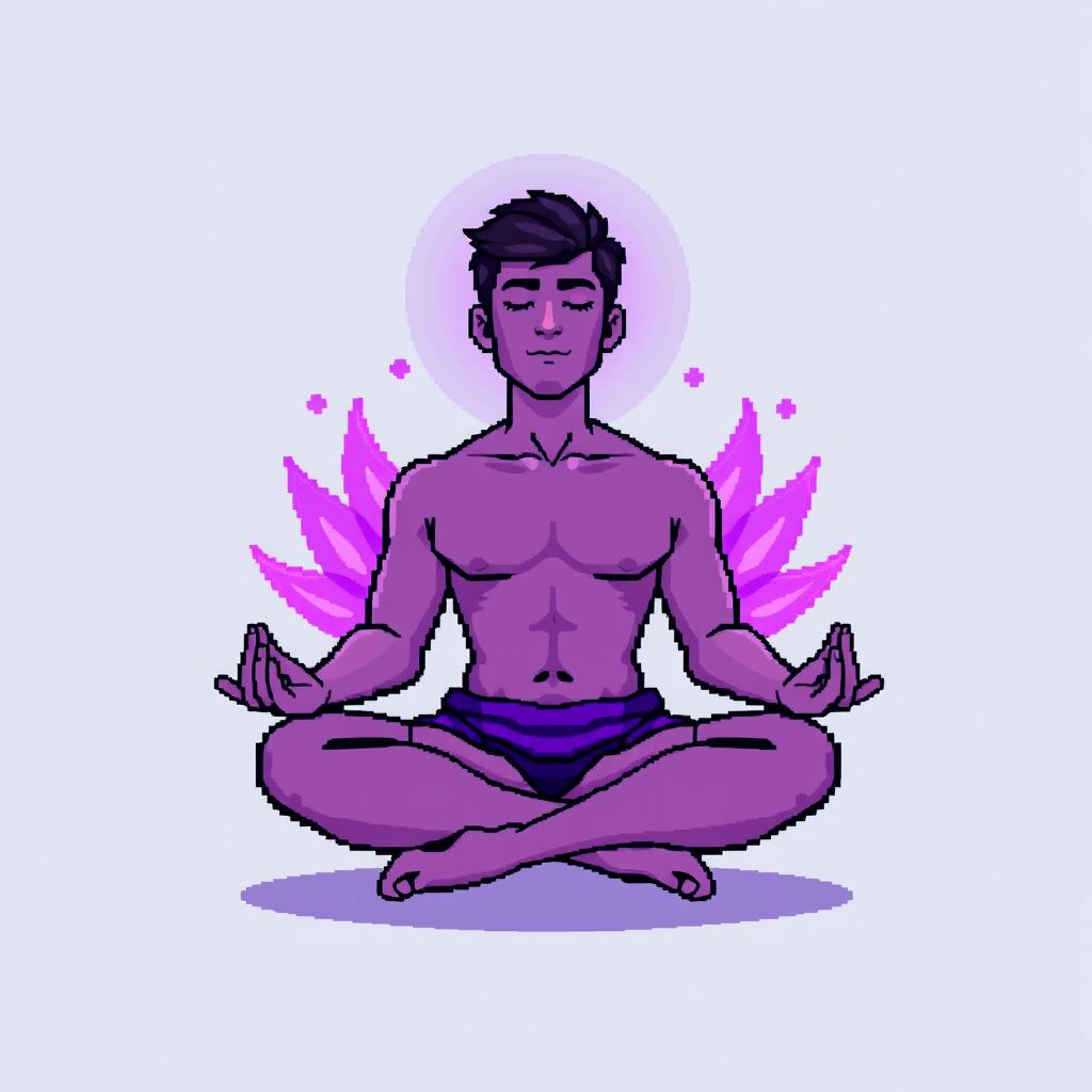 A pixel art illustration of a man meditating, positioned in a classic lotus pose with an enchanting aura surrounding his body