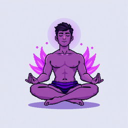 A pixel art illustration of a man meditating, positioned in a classic lotus pose with an enchanting aura surrounding his body